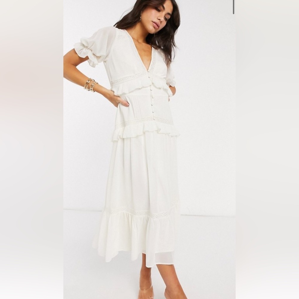 ASOS Design button through lace insert tiered midi dress in ivory